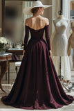 Cabernet A Line Satin Off the Spalla Maniche Lunghe Abito Da Sposa Madre Della Sposa