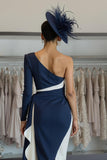 Bianco Navy Bodycon Una Spalla Midi Madre Del Vestito Da Sposa Con Fusciacca