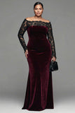 Abito formale sirena plus size in pizzo bordeaux in velluto sirena taglia grande con maniche lunghe