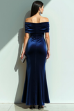 Navy Mermaid Velluto Off the Shoulder Maxi Abito da sera