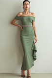 Olive Off the Shoulder Mermaid Abito formale con volant
