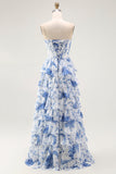 Blu Bianco Fiore A-Line Corsetto a più livelli Abito da ballo lungo con fessura