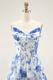Blu Bianco Fiore A-Line Corsetto a più livelli Abito da ballo lungo con fessura