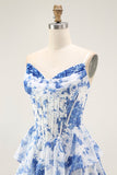 Blu Bianco Fiore A-Line Corsetto a più livelli Abito da ballo lungo con fessura