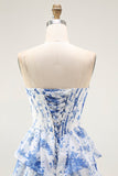 Blu Bianco Fiore A-Line Corsetto a più livelli Abito da ballo lungo con fessura