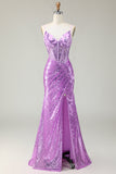 Scintillante sirena viola corsetto applicato abito da ballo con fessura