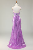 Scintillante sirena viola corsetto applicato abito da ballo con fessura
