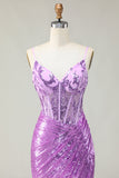 Scintillante sirena viola corsetto applicato abito da ballo con fessura
