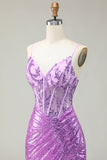Scintillante sirena viola corsetto applicato abito da ballo con fessura