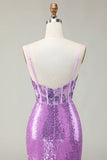 Scintillante sirena viola corsetto applicato abito da ballo con fessura