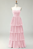 Blush Pink A-Line senza spalline plissettato lungo abito da damigella d'onore