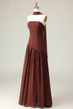 Abito Maxi marrone senza spalline con sciarpa
