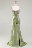Verde sirena corsetto increspato raso Prom Dress con fessura