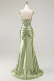Verde sirena corsetto increspato raso Prom Dress con fessura
