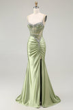 Verde sirena corsetto increspato raso Prom Dress con fessura