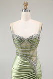 Verde sirena corsetto increspato raso Prom Dress con fessura
