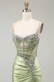 Verde sirena corsetto increspato raso Prom Dress con fessura
