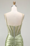 Verde sirena corsetto increspato raso Prom Dress con fessura
