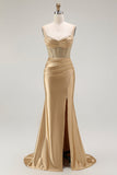 Sirena rossa Spaghetti Straps Corsetto Abito da ballo lungo a pieghe con fessura
