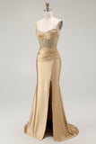 Sirena d'oro Spaghetti Straps Corsetto Plesse Abito da ballo lungo con fessura