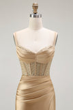Sirena d'oro Spaghetti Straps Corsetto Plesse Abito da ballo lungo con fessura