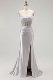 Sirena rossa Spaghetti Straps Corsetto Abito da ballo lungo a pieghe con fessura