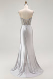 Sirena rossa Spaghetti Straps Corsetto Abito da ballo lungo a pieghe con fessura