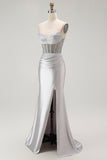Sirena d'oro Spaghetti Straps Corsetto Plesse Abito da ballo lungo con fessura