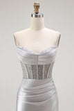 Sirena d'oro Spaghetti Straps Corsetto Plesse Abito da ballo lungo con fessura