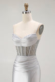 Sirena d'oro Spaghetti Straps Corsetto Plesse Abito da ballo lungo con fessura