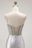 Sirena rossa Spaghetti Straps Corsetto Abito da ballo lungo a pieghe con fessura