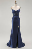 Sirena rossa Spaghetti Straps Corsetto Abito da ballo lungo a pieghe con fessura