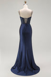 Sirena rossa Spaghetti Straps Corsetto Abito da ballo lungo a pieghe con fessura