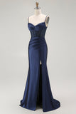 Sirena rossa Spaghetti Straps Corsetto Abito da ballo lungo a pieghe con fessura