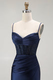 Sirena rossa Spaghetti Straps Corsetto Abito da ballo lungo a pieghe con fessura