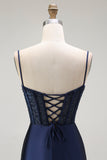 Sirena rossa Spaghetti Straps Corsetto Abito da ballo lungo a pieghe con fessura
