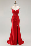 Sirena rossa Spaghetti Straps Corsetto Abito da ballo lungo a pieghe con fessura
