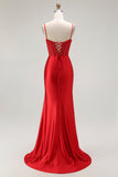 Sirena rossa Spaghetti Straps Corsetto Abito da ballo lungo a pieghe con fessura