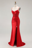 Sirena rossa Spaghetti Straps Corsetto Abito da ballo lungo a pieghe con fessura