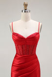 Sirena rossa Spaghetti Straps Corsetto Abito da ballo lungo a pieghe con fessura
