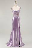 Lilla sirena spaghetti cinghie Appliqued Beaded lungo Prom Dress con fessura