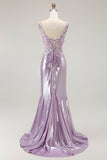 Lilla sirena spaghetti cinghie Appliqued Beaded lungo Prom Dress con fessura