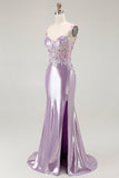 Lilla sirena spaghetti cinghie Appliqued Beaded lungo Prom Dress con fessura