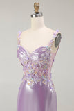 Lilla sirena spaghetti cinghie Appliqued Beaded lungo Prom Dress con fessura