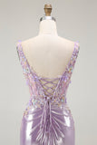 Lilla sirena spaghetti cinghie Appliqued Beaded lungo Prom Dress con fessura