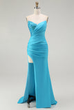 Sparkly Blu Senza Spalline Mermaid Abito Lungo Da Ballo Plissettato Con Fessura
