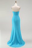 Sparkly Blu Senza Spalline Mermaid Abito Lungo Da Ballo Plissettato Con Fessura