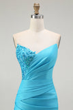 Sparkly Blu Senza Spalline Mermaid Abito Lungo Da Ballo Plissettato Con Fessura