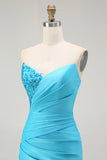 Sparkly Blu Senza Spalline Mermaid Abito Lungo Da Ballo Plissettato Con Fessura