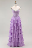 Viola A-Line Corsetto in rilievo Tiered Ruffle Abito lungo da ballo con lacci sul retro